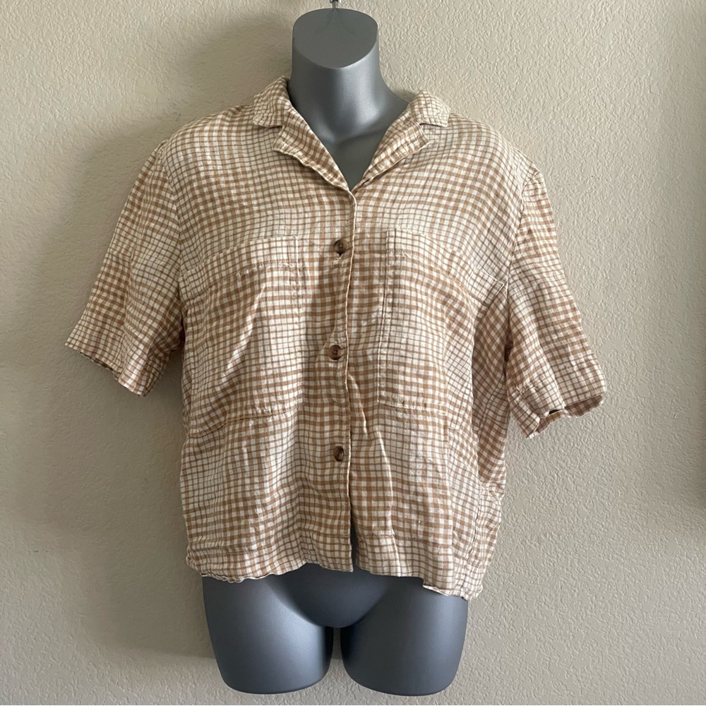 Everlane linen short sleeve button down blouse top small brown white